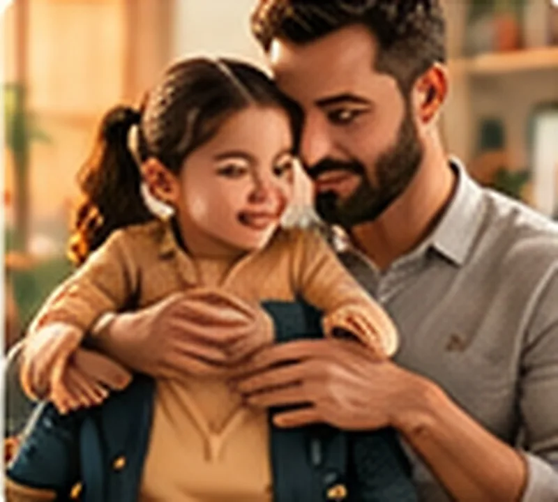 A father holding his young daughter, both smiling