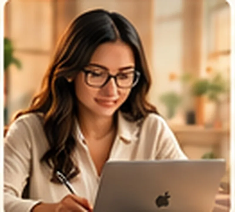 A woman working at a laptop in a sunlit room