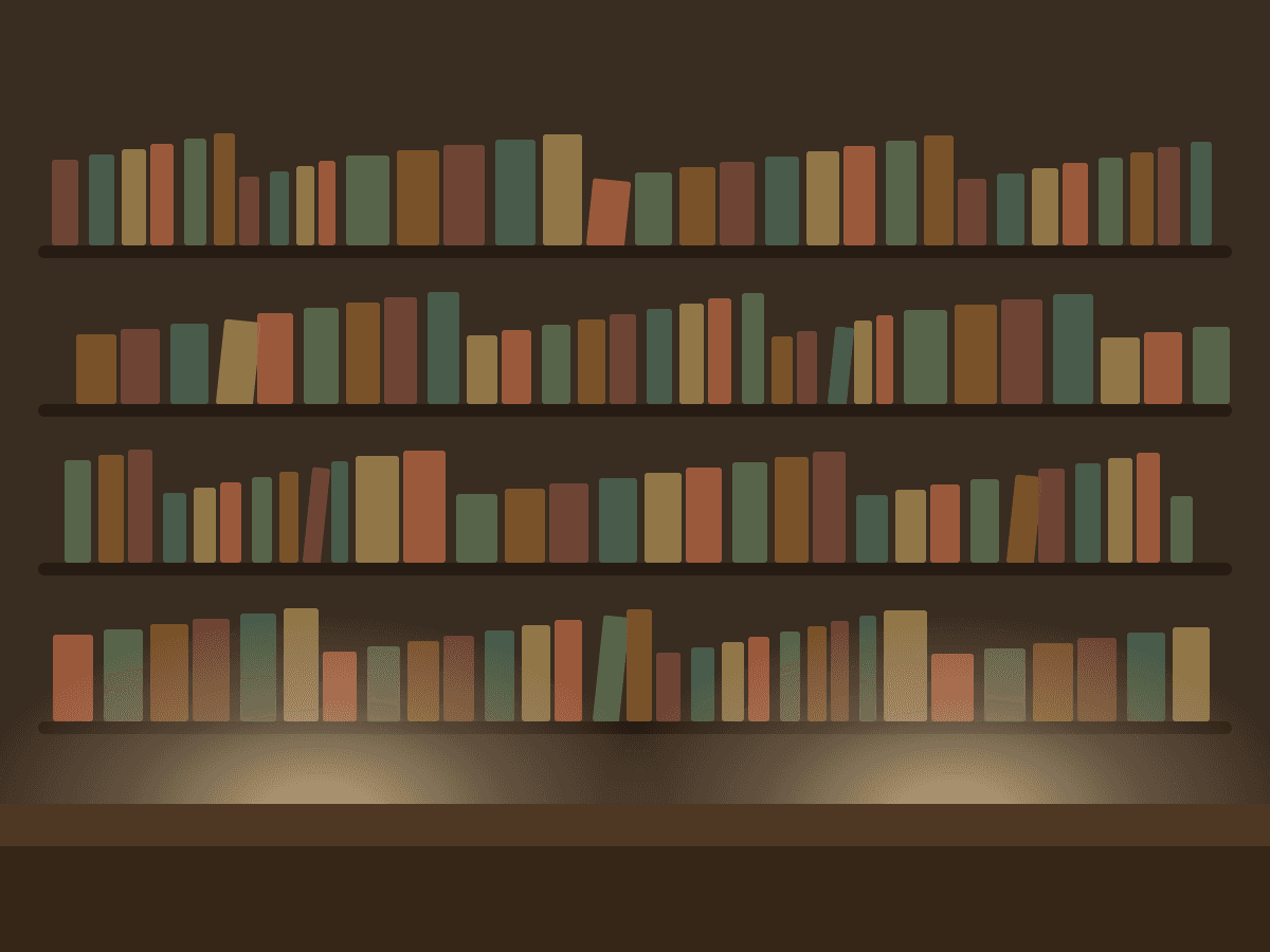A quiet library desk with a lamp, an open book, and tall windows beyond