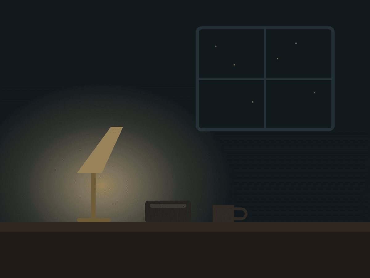 An illustration of a lamplit desk at night, with a dark window beyond it